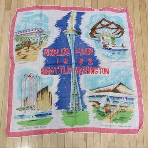 Vintage 1962 Seattle Worlds Fair Scarf Hand Rolled Japan Rayon Silk Rare Pink
